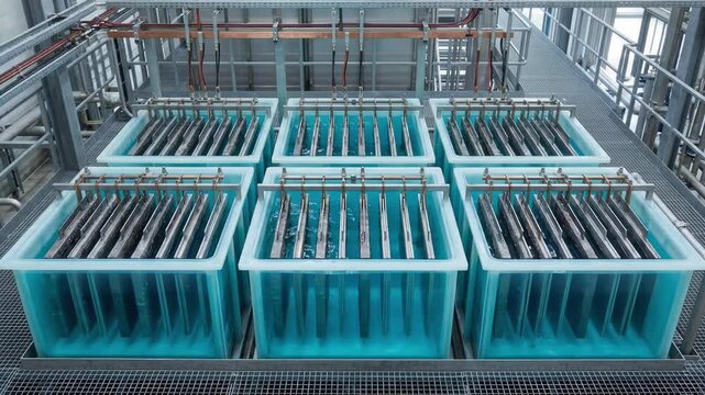 Medium shot of rectangular electrolytic cells showing nickel anodes and cathodes immersed in sulfate solution with overhead view emphasizing the cell layout and liquid clarity.