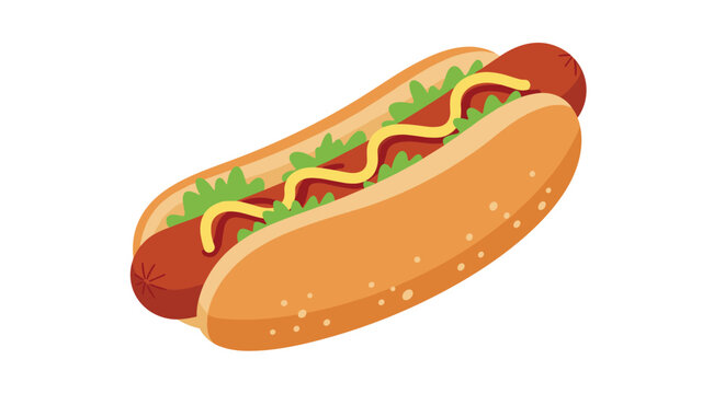 Classic american hot dog with a sausage, mustard, and green relish served in a soft bun in a flat vector style.