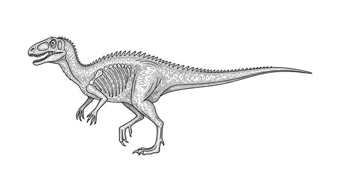 Detailed vintage style engraving of an Allosaurus dinosaur skeleton showing its complex bone structure and predatory stance on white.