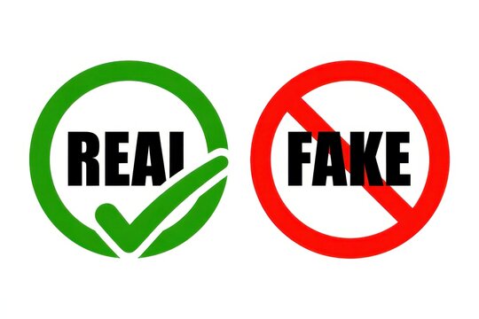 Real versus Fake icons with checkmark and cross, isolated on white background