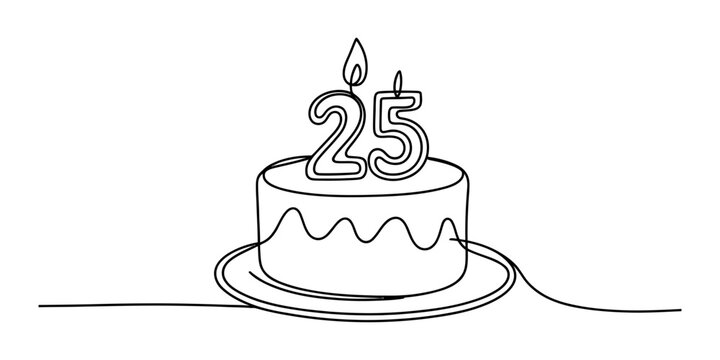 Simple line drawing of a birthday cake with number 25 candles and a flame
