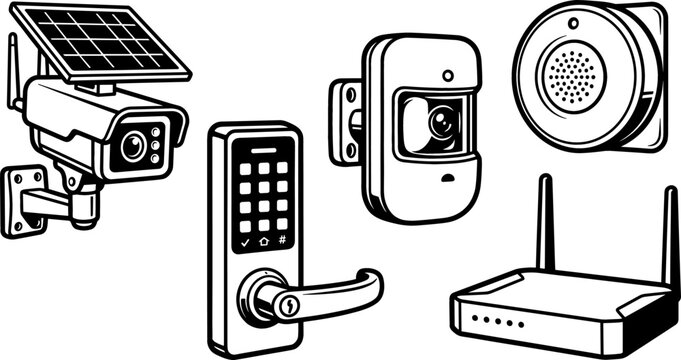 Smart Home Security System Black and White Outline Vector Icon Set with Solar CCTV Camera Digital Door Lock Motion Sensor and Router