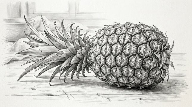 Realistic pencil drawing of a whole tropical pineapple fruit on a wooden table, monochrome hand-drawn illustration