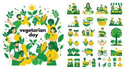 Naklejka premium Vegetarian day vector illustration set, organic farming and healthy eating icons, people gardening and cooking fresh vegetables collection