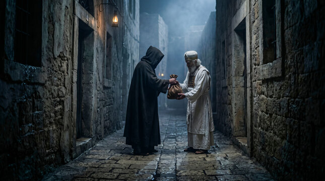Man giving a money bag to another man, a biblical concept of betrayal and a moment from the evangelical events of Holy Week for Christian art