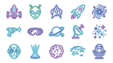Collection of colorful science fiction and space exploration icons in a flat design style. © desiana