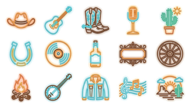 Collection of country music and western icons with a neon glow effect, representing a lifestyle.