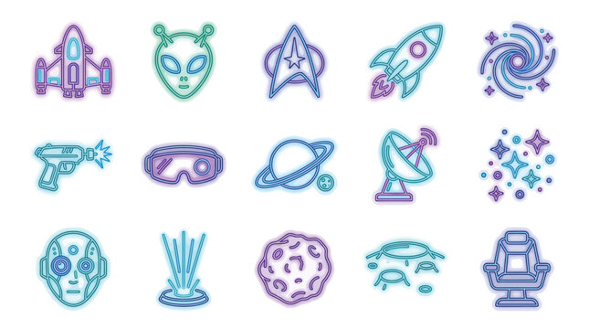 Collection of colorful science fiction and space exploration icons in a flat design style.