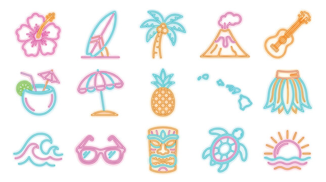 Collection of colorful neon tropical vacation icons including a hibiscus flower, surfboard, palm tree, volcano, and ukulele.