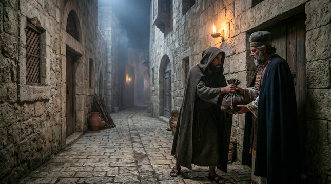 Man giving a money bag to another man, a biblical concept of betrayal and a moment from the evangelical events of Holy Week for Christian art