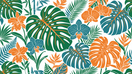 Vibrant seamless tropical pattern with monstera leaves, orchid flowers, and palm fronds in green, orange, and blue on white. © Robich Art