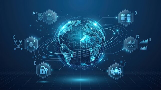 Digital globe with futuristic technology network, data connection icons representing AI, big data analytics, cloud computing