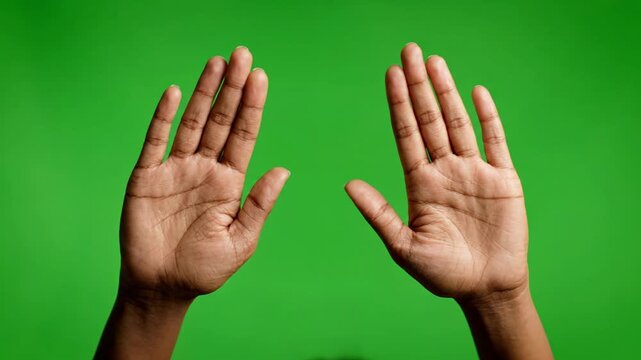 Raised human hand open palm gesture showing peaceful surrender, defensive stop signal, welcoming calm pose. Close shot skin detail against chroma key green screen background