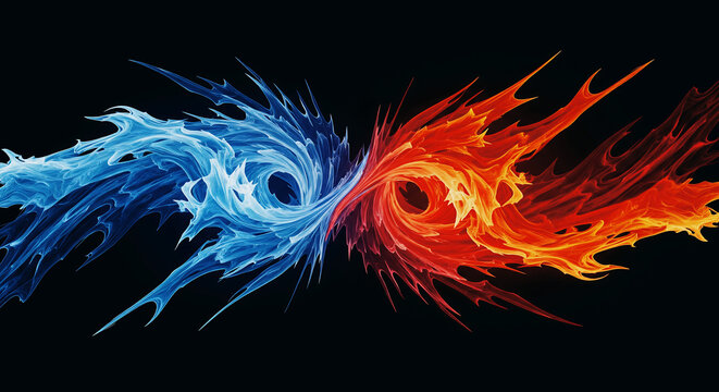 Abstract illustration of hot fire and cold ice colliding in an infinity loop shape on a black background