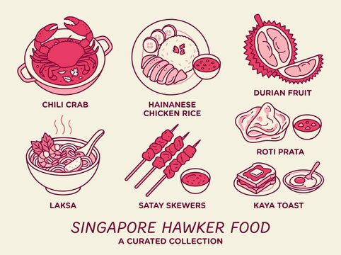 Singapore Hawker Food Vector Illustration Set: Chili Crab, Hainanese Chicken Rice, Laksa, Satay, Roti Prata, Kaya Toast and Durian Fruit - Traditional Asian Cuisine Icons