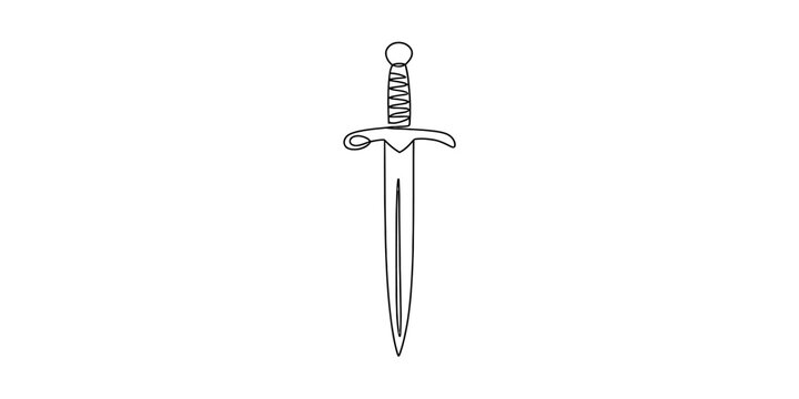 Simple line art illustration of a medieval sword with a round pommel and crossguard, drawn with a single continuous line.