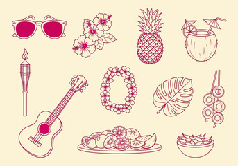 Tropical Hawaiian Summer Line Art Icon Set - Ukulele, Pineapple, Hibiscus, and Coconut Elements © mewo