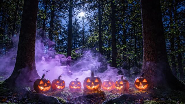 Spooky glowing halloween pumpkin lantern group shining within dark night forest under bright full moon with purple smoke, mist rising behind carved faces near scary dead tree
