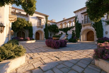 Naklejka premium Elegant Mediterranean courtyard with blooming purple flowers and classic architecture bathed in sunlight.