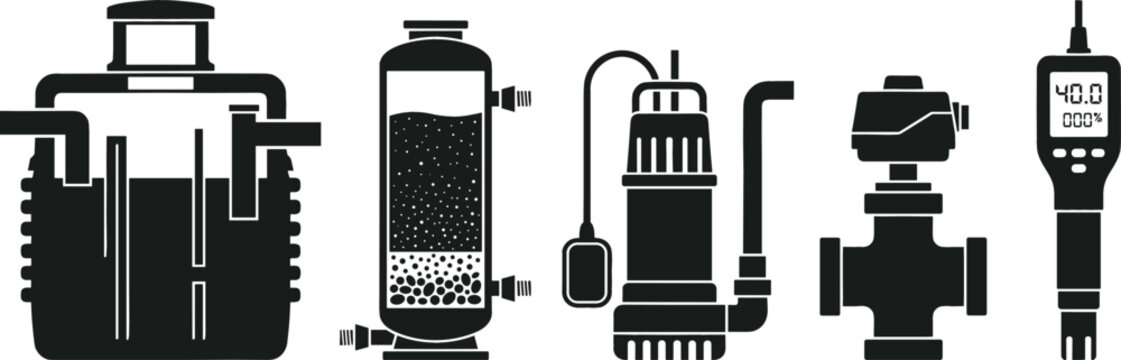 Wastewater Treatment and Septic System Plumbing Equipment Solid Black Icon Set Featuring Holding Tank Sediment Filter Submersible Pump Control Valve and Tester