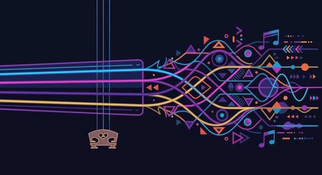 An abstract flat vector illustration of four violin strings vibrating, transforming into colorful flowing geometric soundwaves. 