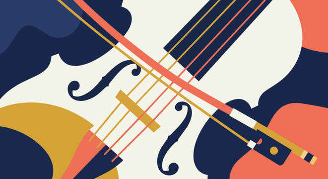 A flat vector illustration focusing on the close-up intersection of a violin body and its bow. Abstract geometric shapes represent the f-holes and strings.