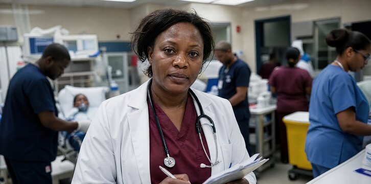 Generative AI, Portrait of a female doctor in a busy hospital ward