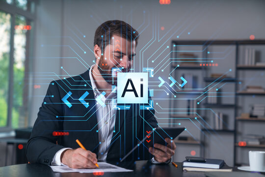 Considered businessman in formal wear signing contract holding tablet device at office room with papers. Concept of successful business deal, agreement, partnership, documents. Technology ai icons.