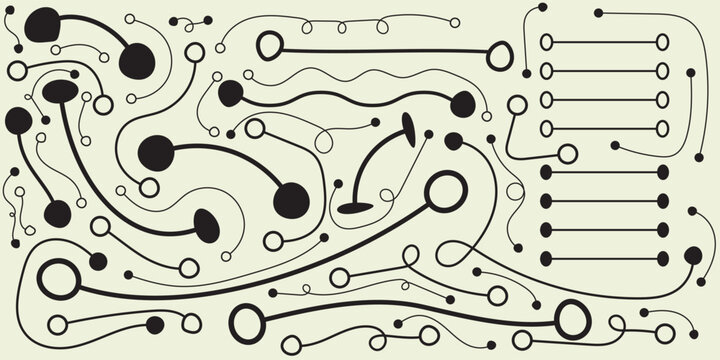 Abstract continuous line electronic circuit board pattern background. Simple vector illustration of hand drawn black nodes, wavy lines, and connecting microchip points on beige backdrop, modern techno