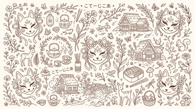 Whimsical Japanese Folk Art Pattern with Kitsune Masks, Traditional Houses, and Nature Elements.