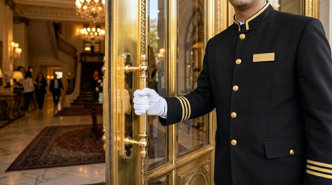 Professional doorman opening a golden door at a luxury hotel