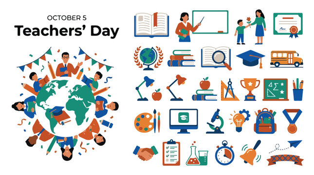 World Teachers' Day flat vector icon set, October 5 education celebration elements, school supplies and classroom learning icons for academic design