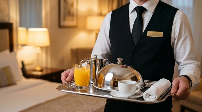 Professional waiter carrying a room service breakfast tray in hotel