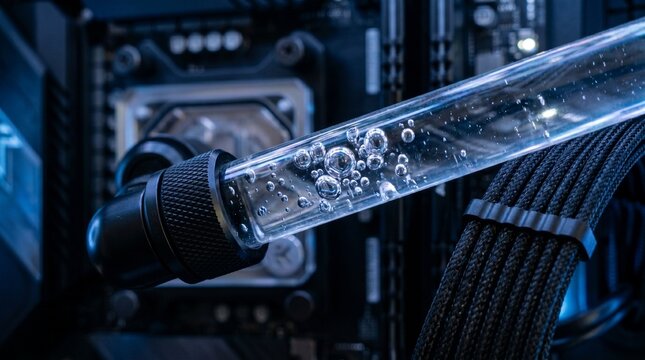 Close up of high performance computer liquid cooling tube with bubbles