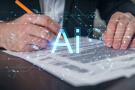 Businessman in formal wear taking notes signing contract at office workplace. Concept of important working moments, document sign, working process, concentration. Hands shot. Technology Ai hologram