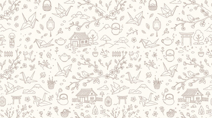 Obraz premium Seamless pattern with Japanese cultural elements like origami cranes, cherry blossoms, and traditional houses.