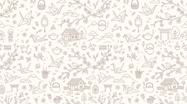 Seamless pattern with Japanese cultural elements like origami cranes, cherry blossoms, and traditional houses.