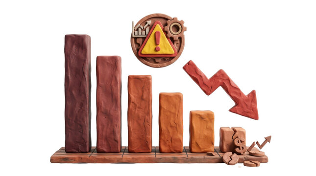 Wooden graph showing decline with warning sign on white background