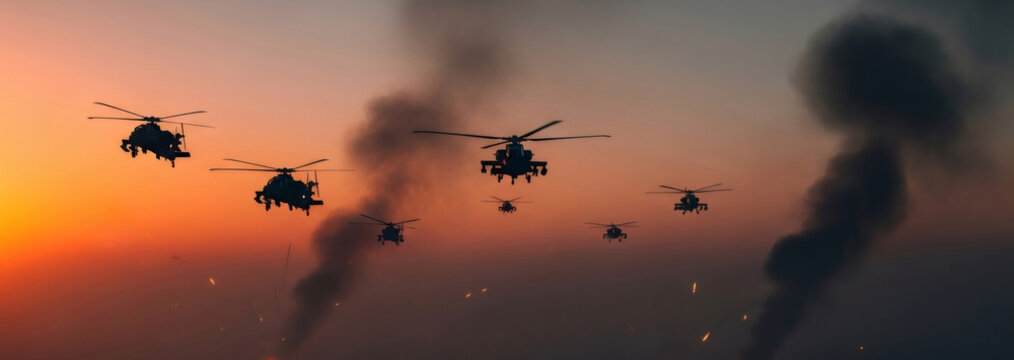 Military attack helicopters flying through smoke against a sunset sky. Squadron of combat air vehicles in mission. Air force operation during war. Sunset tactical surveillance flight mission