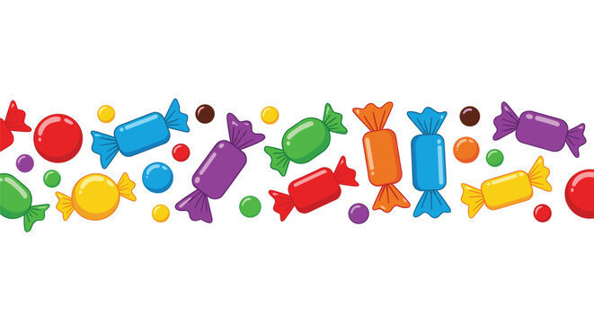 Colorful horizontal border of sweet wrapped candies and round hard jelly bonbons on a clean white background.