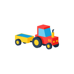 Naklejka premium Red farm tractor and trailer vector in flat isometric design