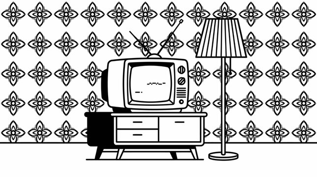 Vintage television on a sideboard next to a floor lamp