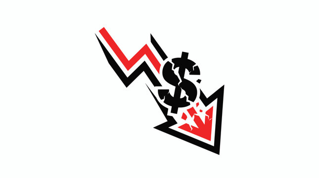 Economic recession icon with falling red arrow and cracked dollar sign