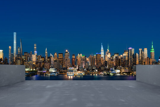 Skyscrapers Cityscape Downtown, New York Skyline Buildings. Beautiful Real Estate. Night time. Empty rooftop View. Success concept.