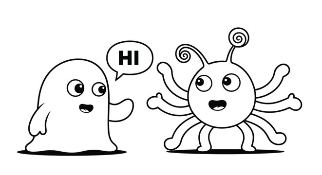 Cute alien monster greeting another multi-armed alien creature in a simple black and white line art illustration.