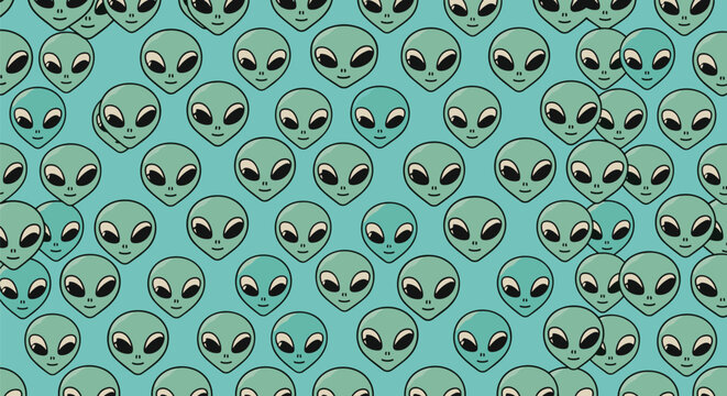 Seamless pattern featuring cute green alien head illustrations with large dark eyes on a light blue background.