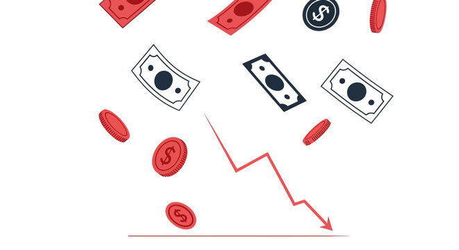Falling coins and banknotes with a downward trending red arrow