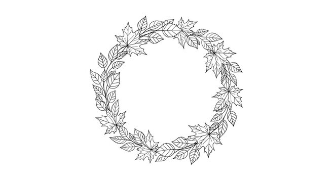 Elegant black and white hand drawn circular wreath composed of maple and fall leaves isolated on white background.