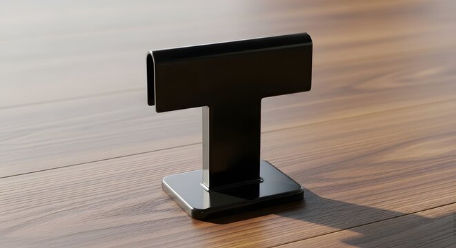Black T-shaped object on a wooden surface with subtle lighting, creating a sleek and modern aesthetic.