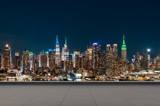 Skyscrapers Cityscape Downtown, New York Skyline Buildings. Beautiful Real Estate. Night time. Empty rooftop View. Success concept.